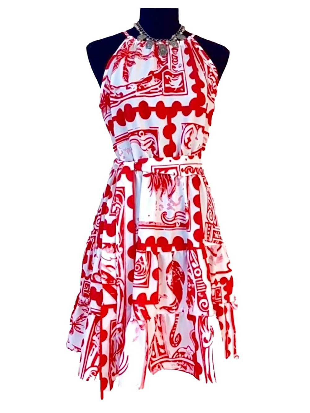 SHEIN ~ Fun/Feminine Red and White Sleeveless Dress w/Tiered Ruffled Hemline